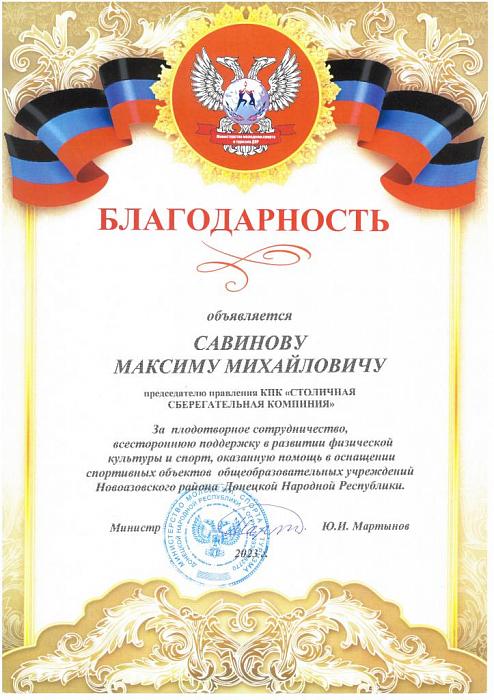 Благодарность от Министерства молодежи, спорта и туризма Донецкой Народной Республики»
